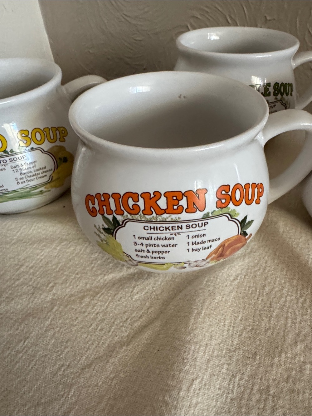 White Soup Mugs Set - Chicken, Tomato, Potato, Vegetable Designs - Picture 3 of 6
